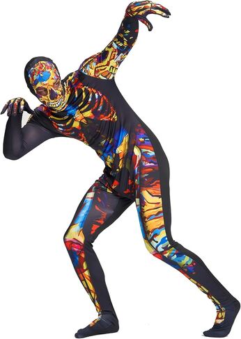 Men Skeleton Costume, Bones Jumpsuit with Hooded Mask Bodysuit for Adult Man Halloween Dress Up Role Play in Saudi Arabia