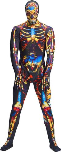Men Skeleton Costume, Bones Jumpsuit with Hooded Mask Bodysuit for Adult Man Halloween Dress Up Role Play in Saudi Arabia