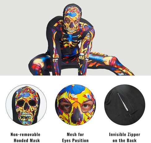 Men Skeleton Costume, Bones Jumpsuit with Hooded Mask Bodysuit for Adult Man Halloween Dress Up Role Play in Saudi Arabia