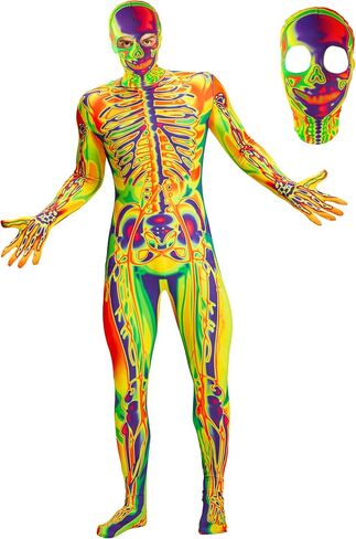Men Skeleton Costume, Bones Jumpsuit with Hooded Mask Bodysuit for Adult Man Halloween Dress Up Role Play in Saudi Arabia