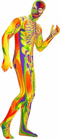 Men Skeleton Costume, Bones Jumpsuit with Hooded Mask Bodysuit for Adult Man Halloween Dress Up Role Play in Saudi Arabia