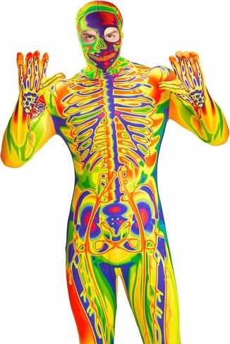 Men Skeleton Costume, Bones Jumpsuit with Hooded Mask Bodysuit for Adult Man Halloween Dress Up Role Play in Saudi Arabia
