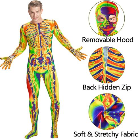 Men Skeleton Costume, Bones Jumpsuit with Hooded Mask Bodysuit for Adult Man Halloween Dress Up Role Play in Saudi Arabia