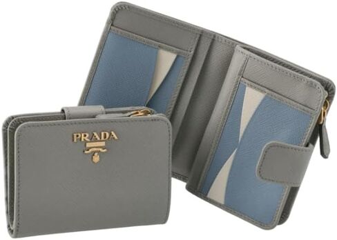 محفظة برادا النسائية ثنائية اللون من جلد سافيانو باللون الرمادي والأزرق النجمي، محفظة جلدية ثلاثية الطي للنساء in Kuwait