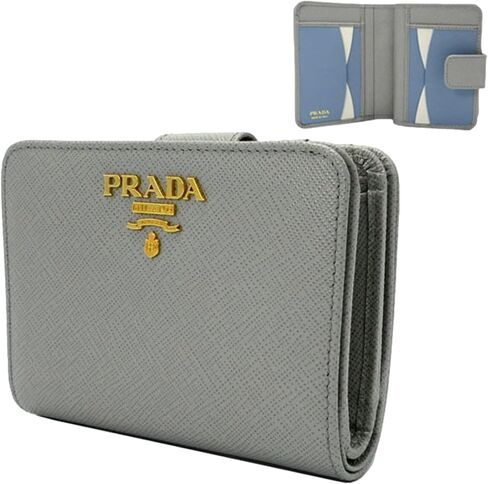 محفظة برادا النسائية ثنائية اللون من جلد سافيانو باللون الرمادي والأزرق النجمي، محفظة جلدية ثلاثية الطي للنساء in Kuwait