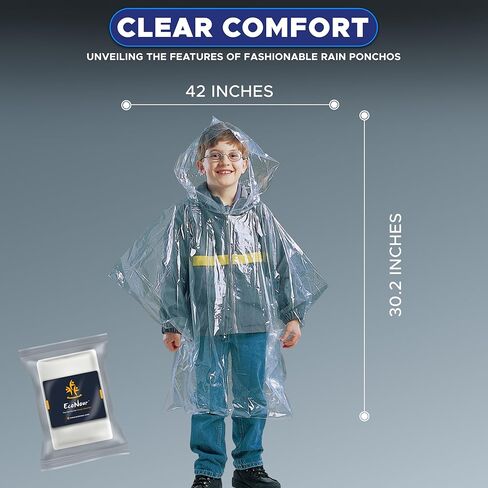 EcoNour Kids Rain Poncho | Transparent & Disposable Rain Coat - Emergency Rain Ponchos for Kids - Clear Hood Raincoat in Kuwait