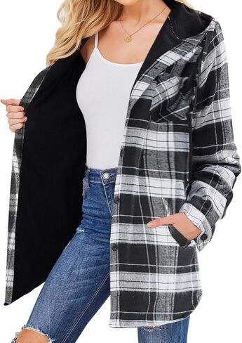 HOTOUCH Women Flannel Fleece Shacket Jacket Plaid Button Down Long Sleeve Shirt 2024 Fall Winter Outfits Clothes with Hooded in Saudi Arabia