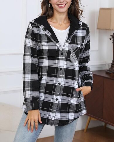 HOTOUCH Women Flannel Fleece Shacket Jacket Plaid Button Down Long Sleeve Shirt 2024 Fall Winter Outfits Clothes with Hooded in Saudi Arabia