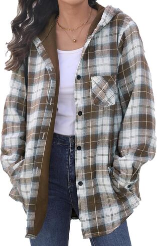 HOTOUCH Women Flannel Fleece Shacket Jacket Plaid Button Down Long Sleeve Shirt 2024 Fall Winter Outfits Clothes with Hooded in Saudi Arabia