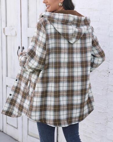 HOTOUCH Women Flannel Fleece Shacket Jacket Plaid Button Down Long Sleeve Shirt 2024 Fall Winter Outfits Clothes with Hooded in Saudi Arabia