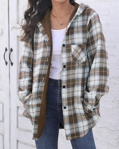 HOTOUCH Women Flannel Fleece Shacket Jacket Plaid Button Down Long Sleeve Shirt 2024 Fall Winter Outfits Clothes with Hooded in Saudi Arabia
