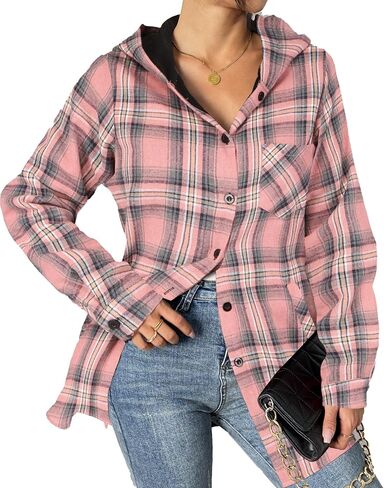 HOTOUCH Women Flannel Fleece Shacket Jacket Plaid Button Down Long Sleeve Shirt 2024 Fall Winter Outfits Clothes with Hooded in Saudi Arabia