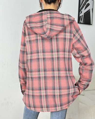 HOTOUCH Women Flannel Fleece Shacket Jacket Plaid Button Down Long Sleeve Shirt 2024 Fall Winter Outfits Clothes with Hooded in Saudi Arabia