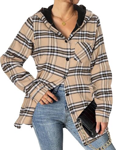 HOTOUCH Women Flannel Fleece Shacket Jacket Plaid Button Down Long Sleeve Shirt 2024 Fall Winter Outfits Clothes with Hooded in Saudi Arabia