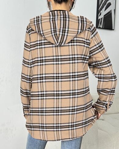 HOTOUCH Women Flannel Fleece Shacket Jacket Plaid Button Down Long Sleeve Shirt 2024 Fall Winter Outfits Clothes with Hooded in Saudi Arabia