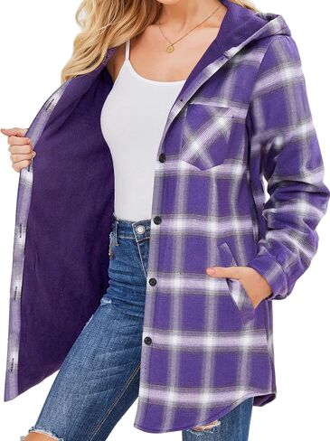 HOTOUCH Women Flannel Fleece Shacket Jacket Plaid Button Down Long Sleeve Shirt 2024 Fall Winter Outfits Clothes with Hooded in Saudi Arabia