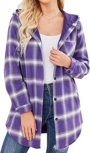 HOTOUCH Women Flannel Fleece Shacket Jacket Plaid Button Down Long Sleeve Shirt 2024 Fall Winter Outfits Clothes with Hooded in Saudi Arabia