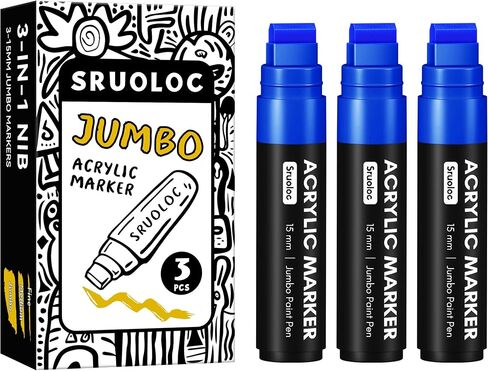 3 Jumbo Permanent Markers Black, 15mm Thick Wide Tip, Large Acrylic Paint Markers for Rock Painting, Poster, Stone, Ceramic, Glass, Wood, Canvas in Saudi Arabia