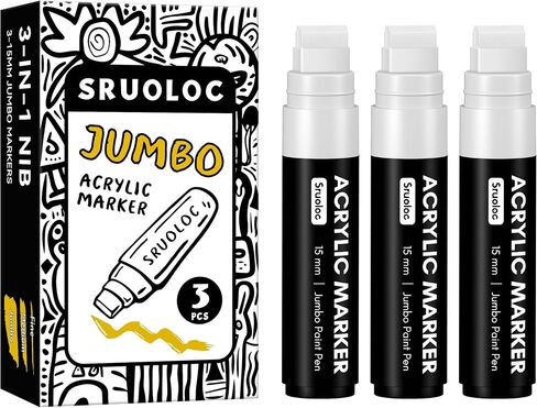 3 Jumbo Permanent Markers Black, 15mm Thick Wide Tip, Large Acrylic Paint Markers for Rock Painting, Poster, Stone, Ceramic, Glass, Wood, Canvas in Saudi Arabia