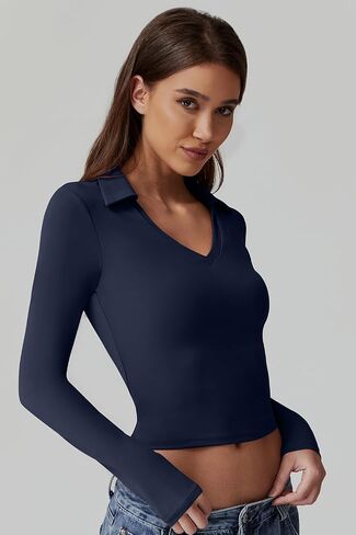 QINSEN Womens V Neck Polo Shirt Long Sleeve Double Lined Tees Basic Collared Fitted Going Out Tops in Saudi Arabia