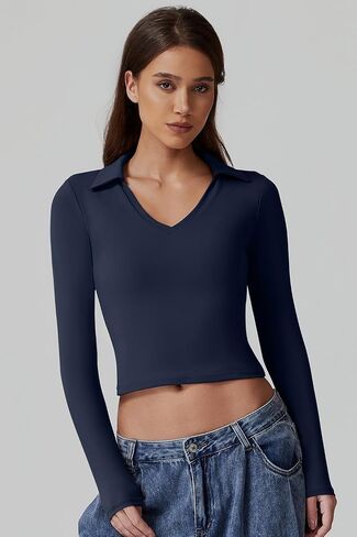 QINSEN Womens V Neck Polo Shirt Long Sleeve Double Lined Tees Basic Collared Fitted Going Out Tops in Saudi Arabia