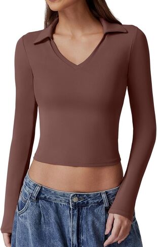 QINSEN Womens V Neck Polo Shirt Long Sleeve Double Lined Tees Basic Collared Fitted Going Out Tops in Saudi Arabia