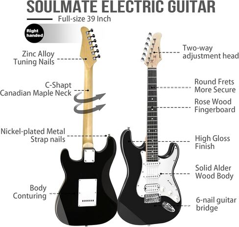 Soulmate Electric Guitar 39 Inch Full Size Beginner Electric Guitar Kit Solid Body Electric Guitar with 15w Amp, Capo, Shoulder Strap, String, Cable,Digital Tuner, Picks,Bag(39" Right Handed, Green) in Saudi Arabia