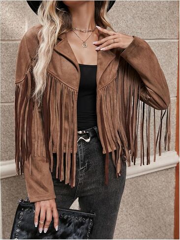 معاطف MakeMeChic النسائية المصنوعة من الجلد السويدي الصناعي بشراشيب راعية البقر سترات الدراجات النارية ذات هامش غربي أزياء هيبي السبعينيات in Saudi Arabia