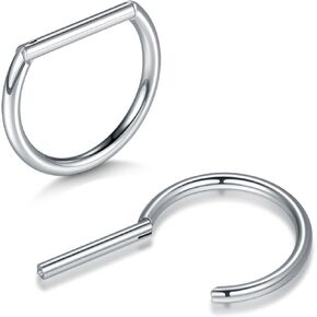 Oveta Titanium D Shaped Nipple Rings 14G for Nipple Piercing Jewelry Higned Segment Clicker Ring Hoops 12mm 14mm for Women Men, Silver, 2PCS