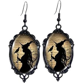 Gothic Mystery Witch Cameo Earrings,Vintage Crystal Glass Witch Dangle Earrings Punk Style Mystery Earrings Goth Victorian Earrings Halloween Jewelry for Women