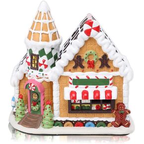 VCUTEKA Christmas Village House Lighted Indoor Decorations Candy Store with LED Light Christmas Village Collectible Buildings Figurines Ceramic House Light up Figurine for Holiday Xmas Decor