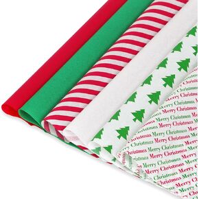 Bobobag 150 Sheets 20"X14" Christmas Tissue Paper for Gift Bags Party Decoration, Red, Green, White, Red Stripe, Christmas Tree, Merry Christmas Wrapping Paper