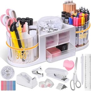 Pink Rotating Desk Organizer and Accessories,Office Supplies 360°Pen Holder with 3 Drawer and Tape Dispenser,Stapler,Staple Remover,Staples,Clips Set,Ruler,Scissor,Pen for Office School Home (Pink)