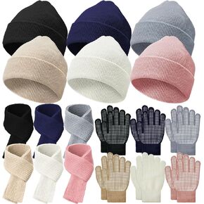 18 Pcs Kids Winter Beanies Scarves Gloves Set Winter Gloves Knitted Scarves Wrap Winter Beanie Hat for Boys Girls 5-10