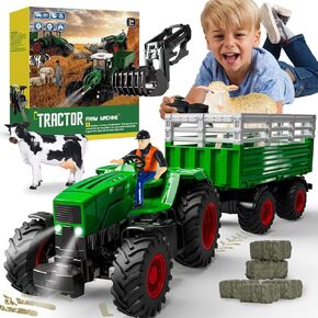 Remote Control Tractor Toy, 2.4 Ghz RC Tractor Toys for Kids 3-5, Toy Tractors Set with Trailer and Light/Loading Arm, Farm Animal Toys Include Cows, Sheep and Hay Bales, Toys for Boys 5-7