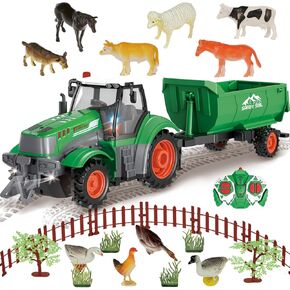 Remote Control Tractor Toys, RC Tractor Set with Trailer/Farm Animals/Fences/Light, Farm Vehicle Toys for 3-7 Year Old Boys Kids Toddlers Birthday Gifts