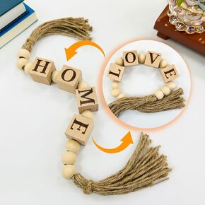 2-Sided Wood Block Bead Garland with Tassels, Family Letter Block Wood Bead Garland, Modern Farmhouse Decorative Beaded Garland for Tabletop, Mantel, Shelf, Tiered Tray Decor (HOME and LOVE)