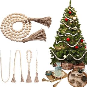Wooden Beads Garland with Tassels: 58in Farmhouse Decor Boho Rustic Wood Prayer Beaded with Tassel Natural Modern Large Decorative Home Neutral Bead