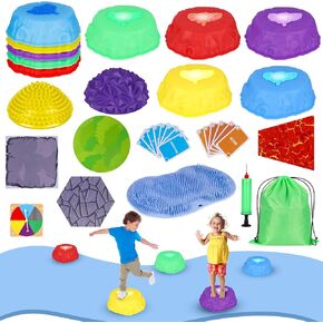 Stepping Stones for Kids, Light Up Stepping Stones Kit with Balance Pods, Flat Textured Mat, Non Slip Mat, Spinner, Obstacle Course Balance Training Sensory Toys for Kids Indoor Outdoor Play