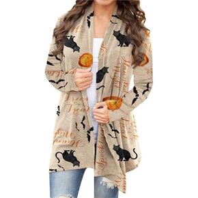 BOUTIKOME Women's Halloween Cat Pumpkin Cardigan Long Sleeve Open Front Knit Outwear Coat Plus Size Knitting Sweater Top