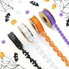 Halloween Ribbons 4 Rolls 20Yards- Black White Orange Purple Halloween Ribbons- Pumpkin Bat Ghost Web Shape Craft Ribbons Trim -for Halloween Party Gift Wrapping DIY Wreath Bouquets Decoration