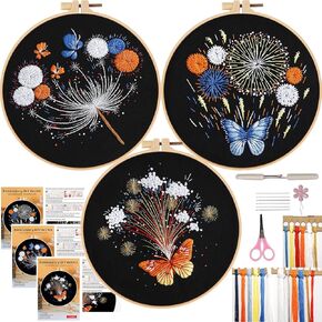 FONNUY 3 Set Crewel Embroidery Kit for Beginners Learn Different Letters Stitches, Alphabet Pre-Stamped Pattern Kits for Adults with Hoop, Easy to Follow Needlework, 8''