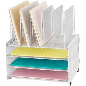 4-Tier File Organizer with 5 Vertical Slots, Rose Gold Desk Organizer, Office Desk Accessories, Paper Organizer for Classroom, Office, Home (Rose Gold, 4-tier with 5 top slots), LK-3CB