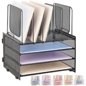 4-Tier File Organizer with 5 Vertical Slots, Rose Gold Desk Organizer, Office Desk Accessories, Paper Organizer for Classroom, Office, Home (Rose Gold, 4-tier with 5 top slots), LK-3CB