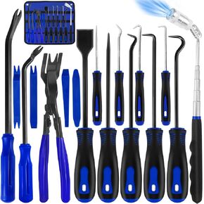 17 PCS Long Pick Set Hook and Pick Set Hose Pick O-Ring Pick with Metal Scraper Magnetic Telescoping Tool Car Trim Removal Tool Automotive Kit (Blue-17PCS)