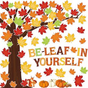 Fall Tree Classroom Bulletin Board Decorations Pumpkin Maple Leaves Bulletin Board Cutouts Be Leaf in Yourself Paper Cutout with Glue Points for Classroom School Chalkboard Home Wall Decor, 94 Pcs