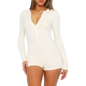 Piacakece Women's Ribbed Knitted Button Front Romper Long Sleeve V-Neck Slim Fit Shorts Jumpsuit Solid One-Piece Outfit