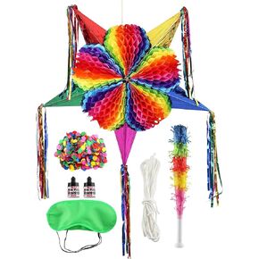 Large Star Piñata Set (32 inches) Authentic Handmade Colorful Foldable Piñata Suitable for Birthday Party Fiesta Anniversary and Cinco De Mayo Festive Mexican Rainbow Piñata Decoration for Kids Girls
