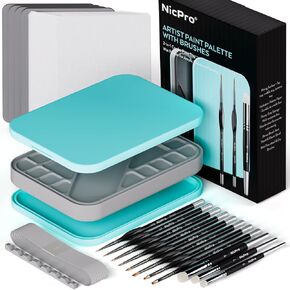 Nicpro Miniature Painting Kit with Wet Palette & 11PCS Detail Paint Brushes Drybrush, 100PCS Wet Pallet Paper, 4PCS Sponge, Brush Holder Mixing Paint Saver Palette for Warhammer 40K Model Painting