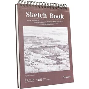 Crehatos 9" x 12" Sketch Book, Top Spiral Bound Sketch Pad, 100 Sheets 68lb/100gsm Drawing Paper, 1 Pack